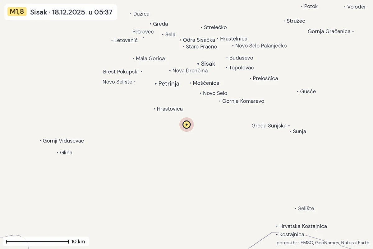 Karta: okolica epicentra, 60 km, potres M1,8, Sisak, 18.12.2025.