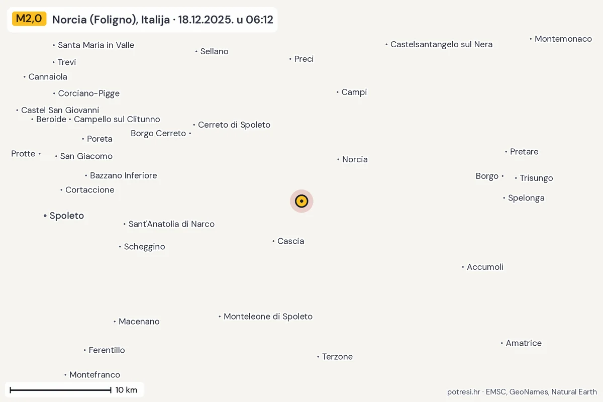 Karta: okolica epicentra, 60 km, potres M2,0, Norcia (Foligno), Italija, 18.12.2025.