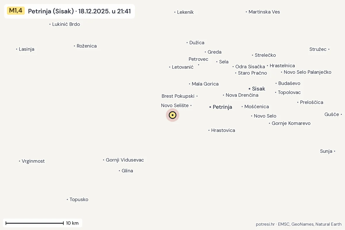 Karta: okolica epicentra, 60 km, potres M1,4, Petrinja (Sisak), 18.12.2025.