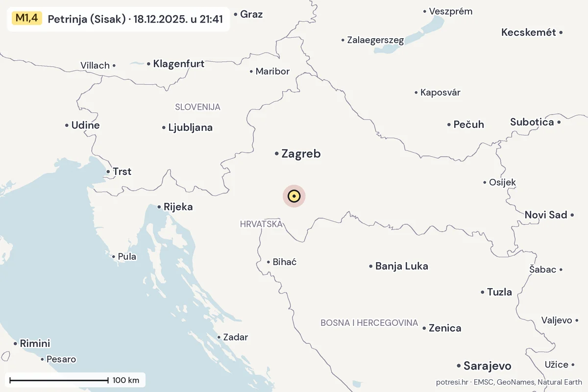 Karta: šire područje, 600 km, potres M1,4, Petrinja (Sisak), 18.12.2025.