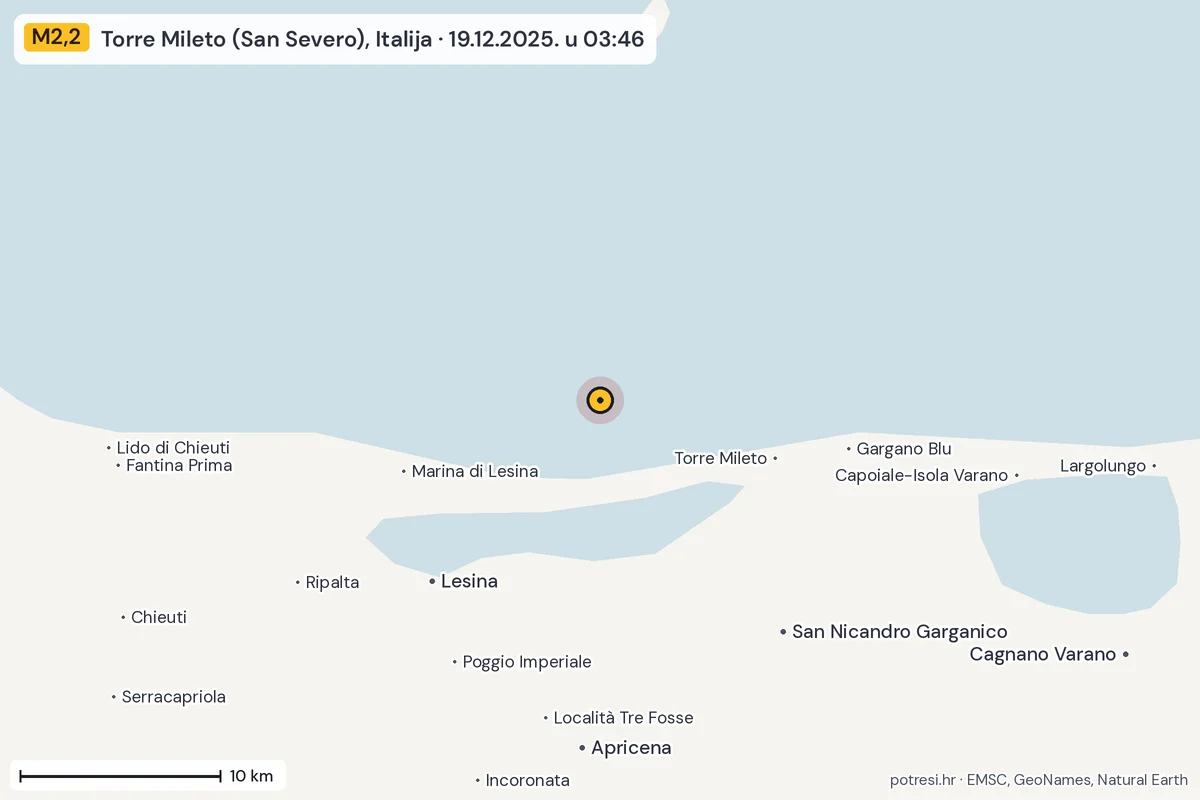 Karta: okolica epicentra, 60 km, potres M2,2, Torre Mileto (San Severo), Italija, 19.12.2025.