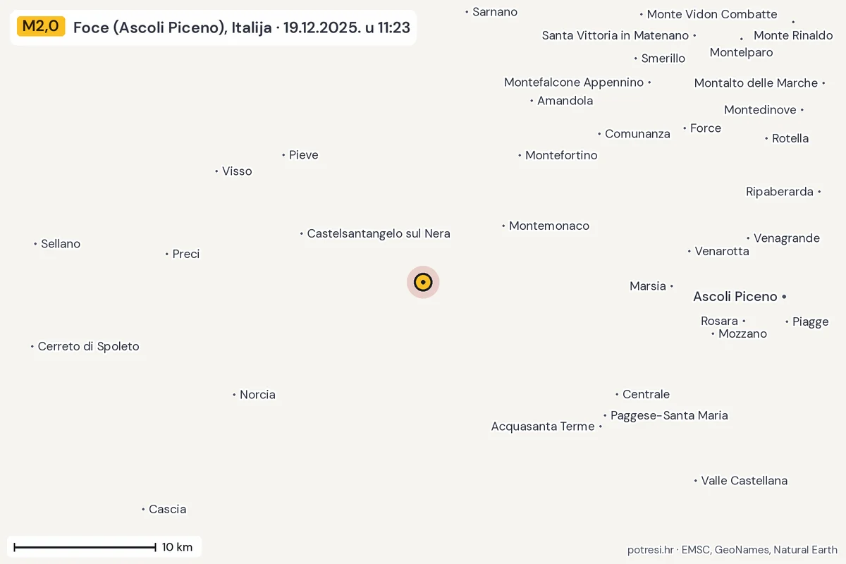 Karta: okolica epicentra, 60 km, potres M2,0, Foce (Ascoli Piceno), Italija, 19.12.2025.