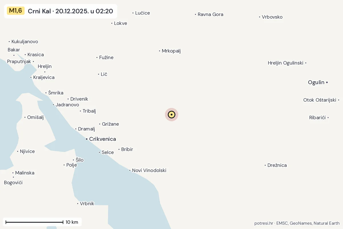 Karta: okolica epicentra, 60 km, potres M1,6, Crni Kal, 20.12.2025.