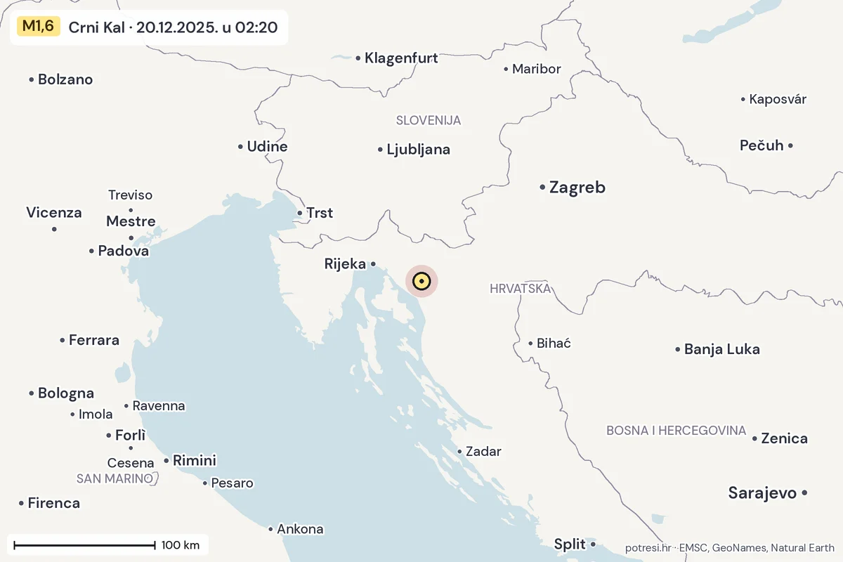 Karta: šire područje, 600 km, potres M1,6, Crni Kal, 20.12.2025.