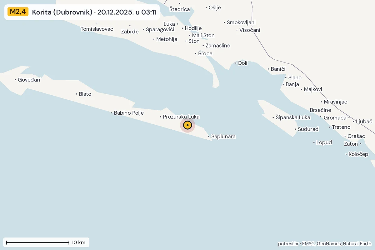 Karta: okolica epicentra, 60 km, potres M2,4, Korita (Dubrovnik), 20.12.2025.