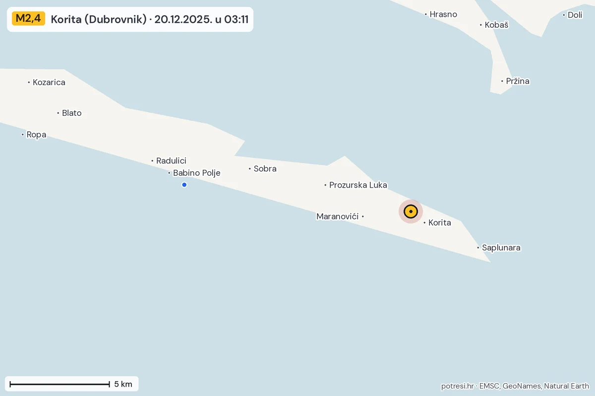 Karta: izvješća građana, potres M2,4, Korita (Dubrovnik), 20.12.2025.