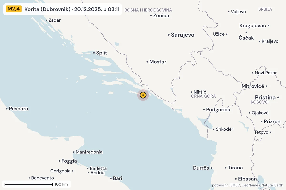 Karta: šire područje, 600 km, potres M2,4, Korita (Dubrovnik), 20.12.2025.