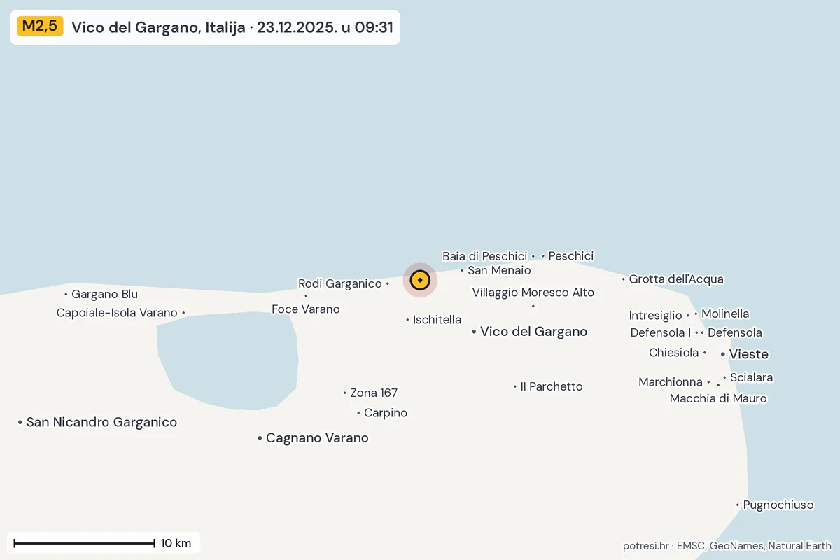 Karta: okolica epicentra, 60 km, potres M2,5, Vico del Gargano, Italija, 23.12.2025.