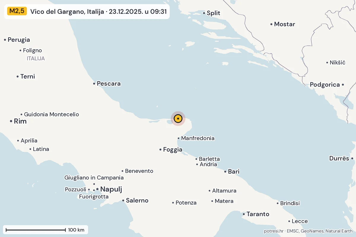 Karta: šire područje, 600 km, potres M2,5, Vico del Gargano, Italija, 23.12.2025.