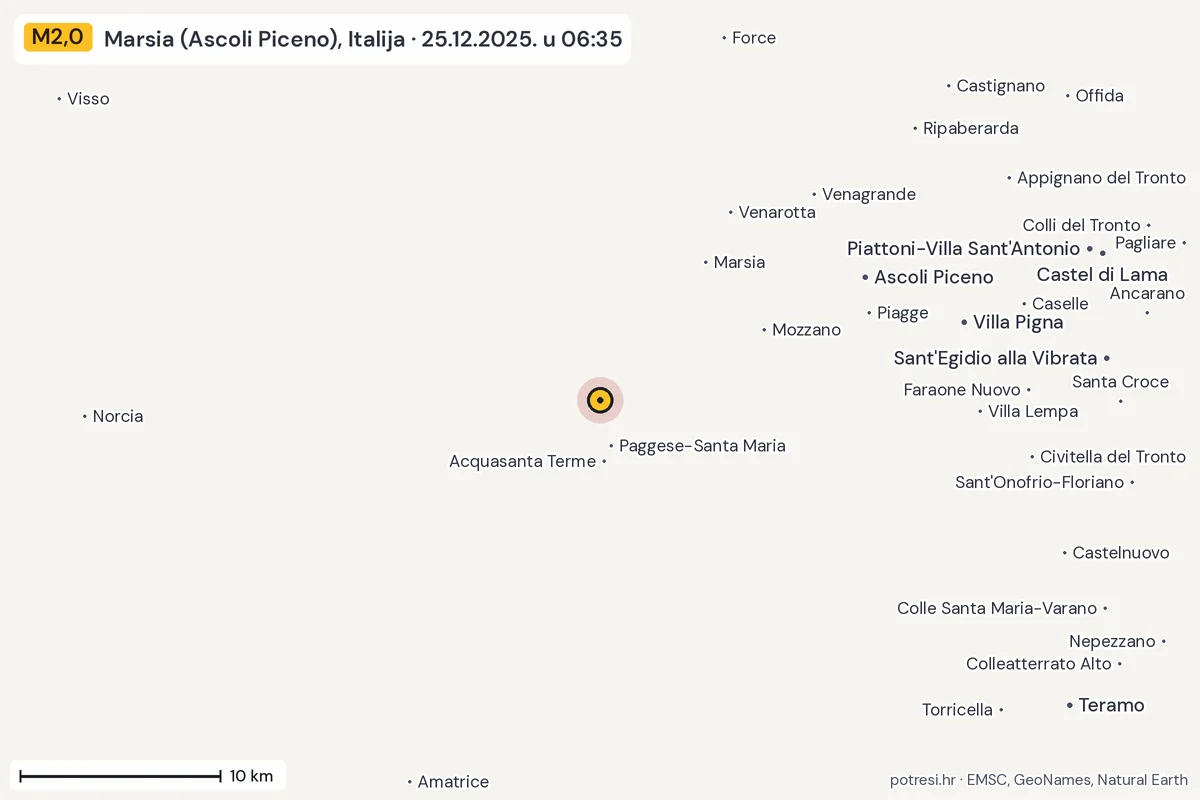 Karta: okolica epicentra, 60 km, potres M2,0, Marsia (Ascoli Piceno), Italija, 25.12.2025.