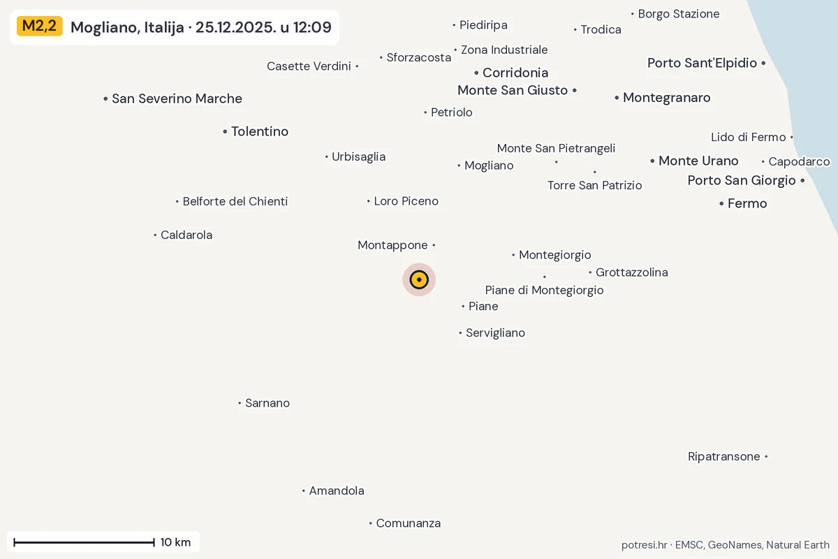 Karta: okolica epicentra, 60 km, potres M2,2, Mogliano, Italija, 25.12.2025.