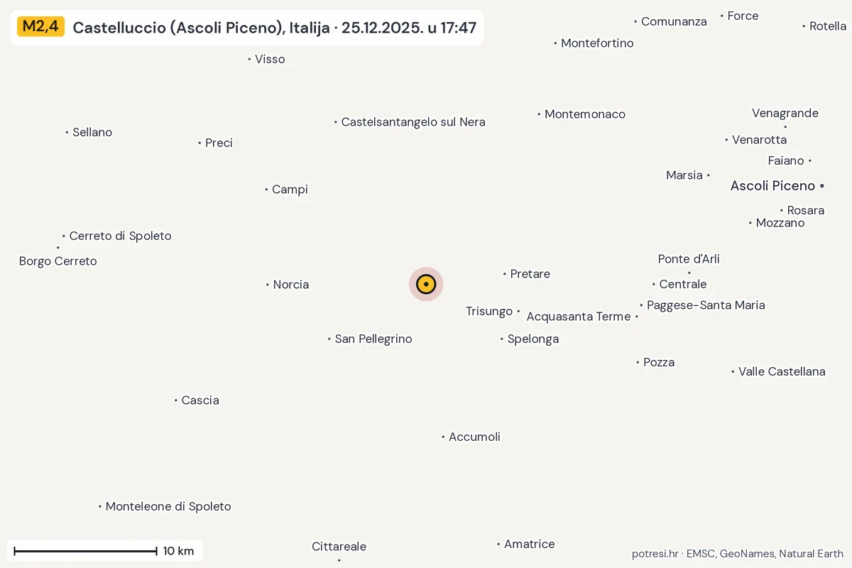 Karta: okolica epicentra, 60 km, potres M2,4, Castelluccio (Ascoli Piceno), Italija, 25.12.2025.