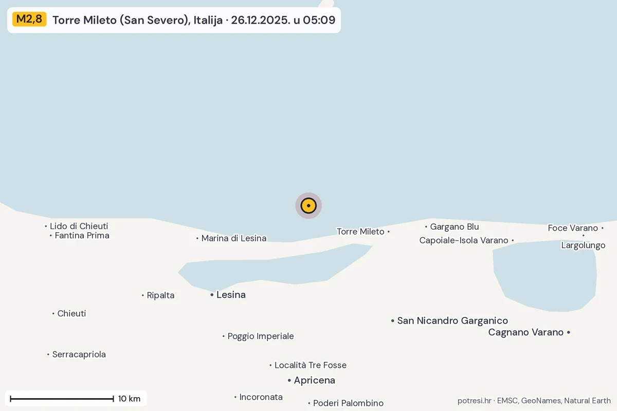 Karta: okolica epicentra, 60 km, potres M2,8, Torre Mileto (San Severo), Italija, 26.12.2025.
