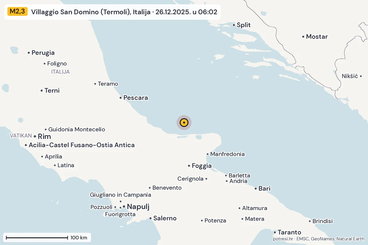 Karta: šire područje, 600 km, potres M2,3, Villaggio San Domino (Termoli), Italija, 26.12.2025.