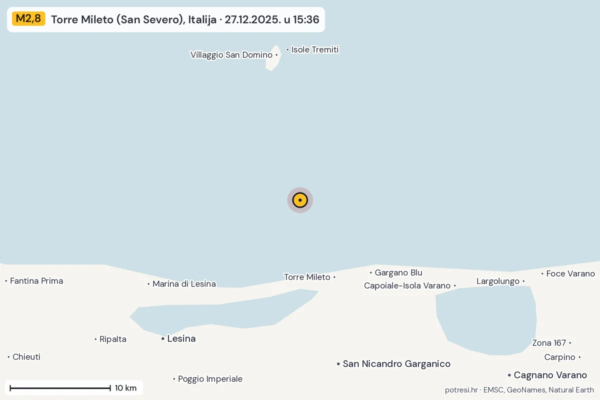 Karta: okolica epicentra, 60 km, potres M2,8, Torre Mileto (San Severo), Italija, 27.12.2025.