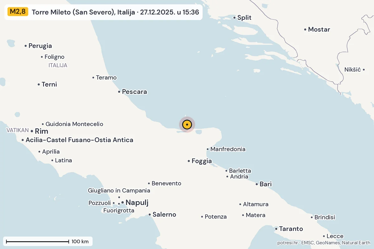 Karta: šire područje, 600 km, potres M2,8, Torre Mileto (San Severo), Italija, 27.12.2025.