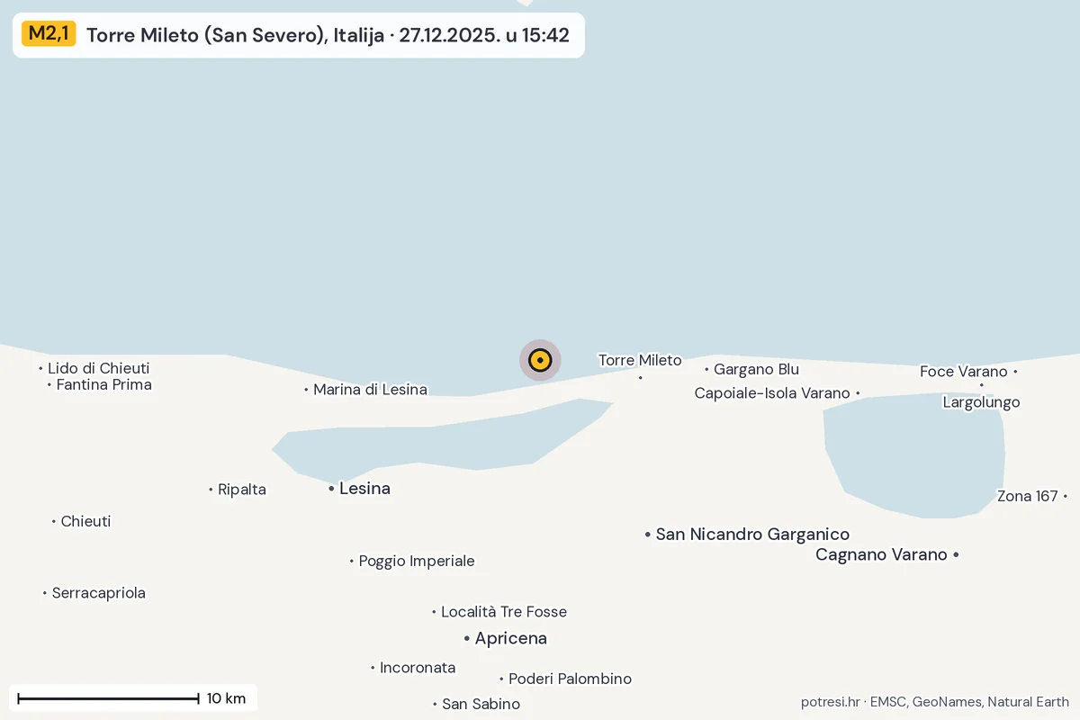 Karta: okolica epicentra, 60 km, potres M2,1, Torre Mileto (San Severo), Italija, 27.12.2025.