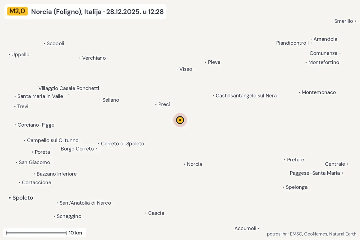 Karta: okolica epicentra, 60 km, potres M2,0, Norcia (Foligno), Italija, 28.12.2025.