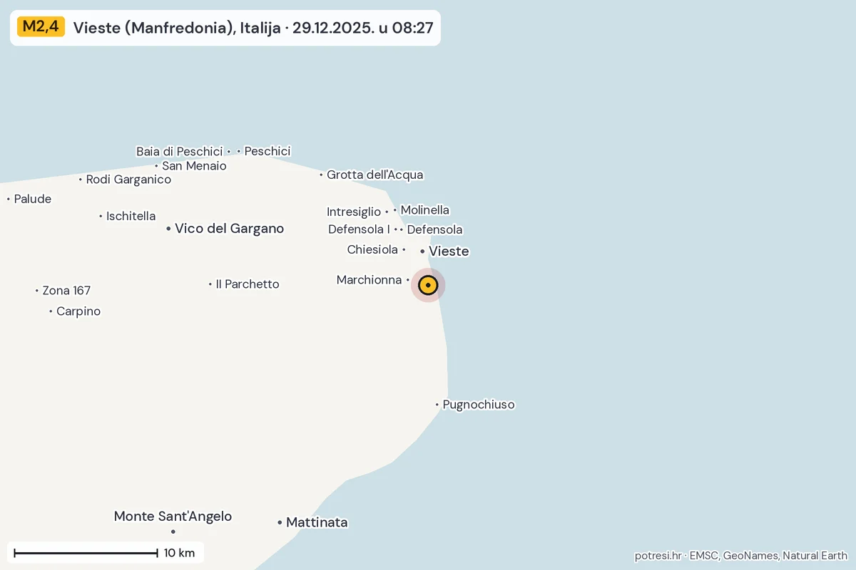 Karta: okolica epicentra, 60 km, potres M2,4, Vieste (Manfredonia), Italija, 29.12.2025.