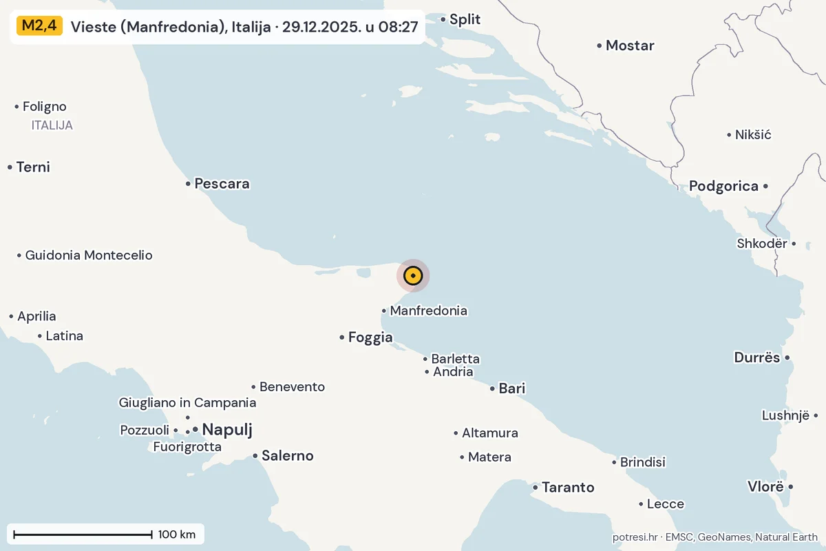Karta: šire područje, 600 km, potres M2,4, Vieste (Manfredonia), Italija, 29.12.2025.