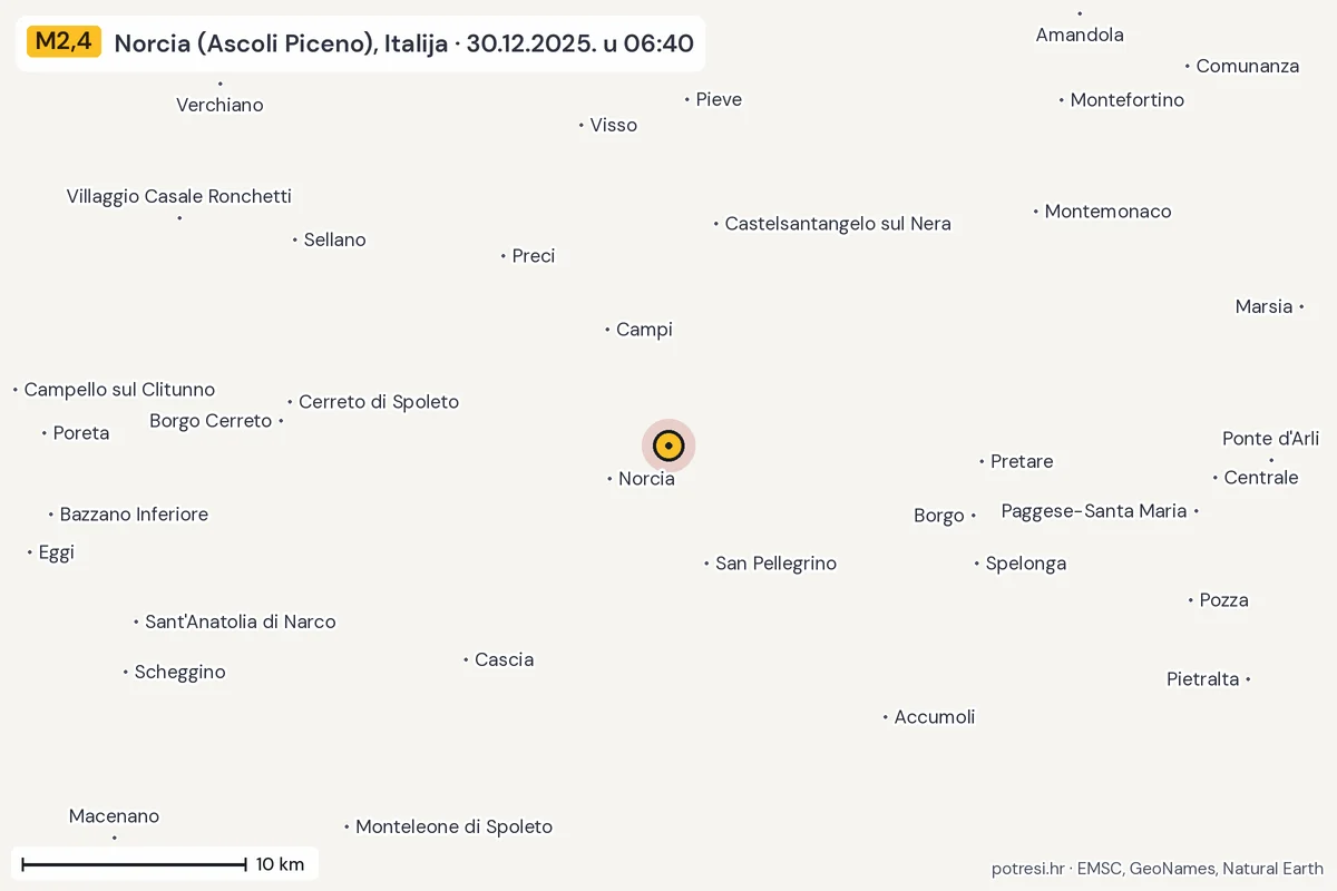 Karta: okolica epicentra, 60 km, potres M2,4, Norcia (Ascoli Piceno), Italija, 30.12.2025.