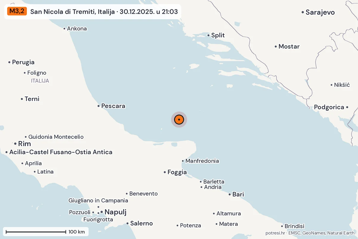 Karta: šire područje, 600 km, potres M3,2, San Nicola di Tremiti, Italija, 30.12.2025.