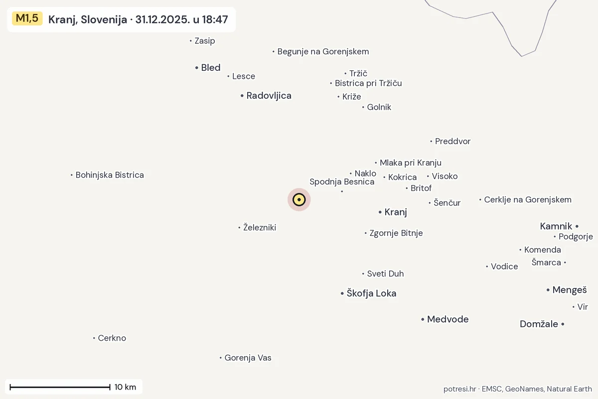 Karta: okolica epicentra, 60 km, potres M1,5, Kranj, Slovenija, 31.12.2025.