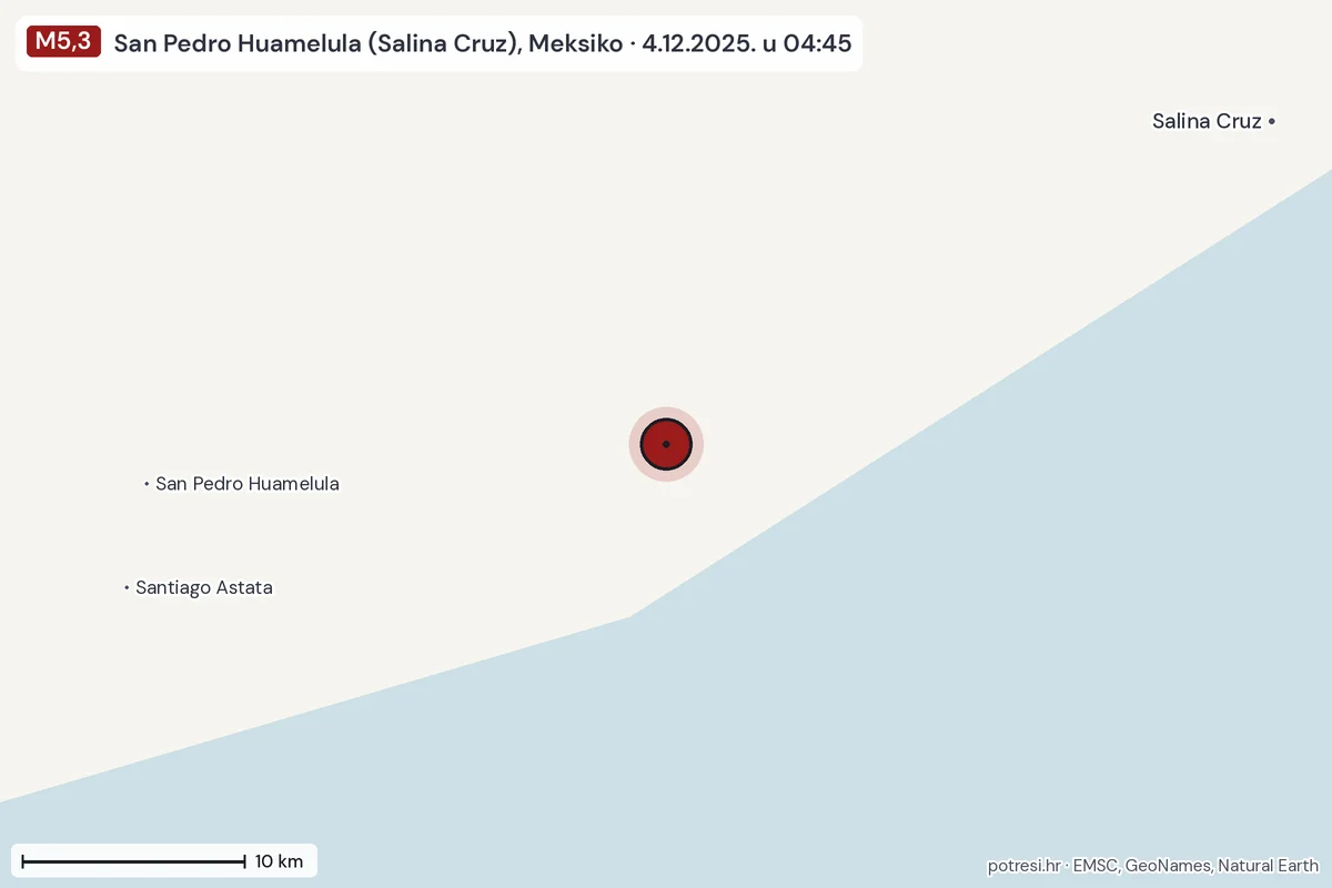 Karta: okolica epicentra, 60 km, potres M5,3, San Pedro Huamelula (Salina Cruz), Meksiko, 4.12.2025.