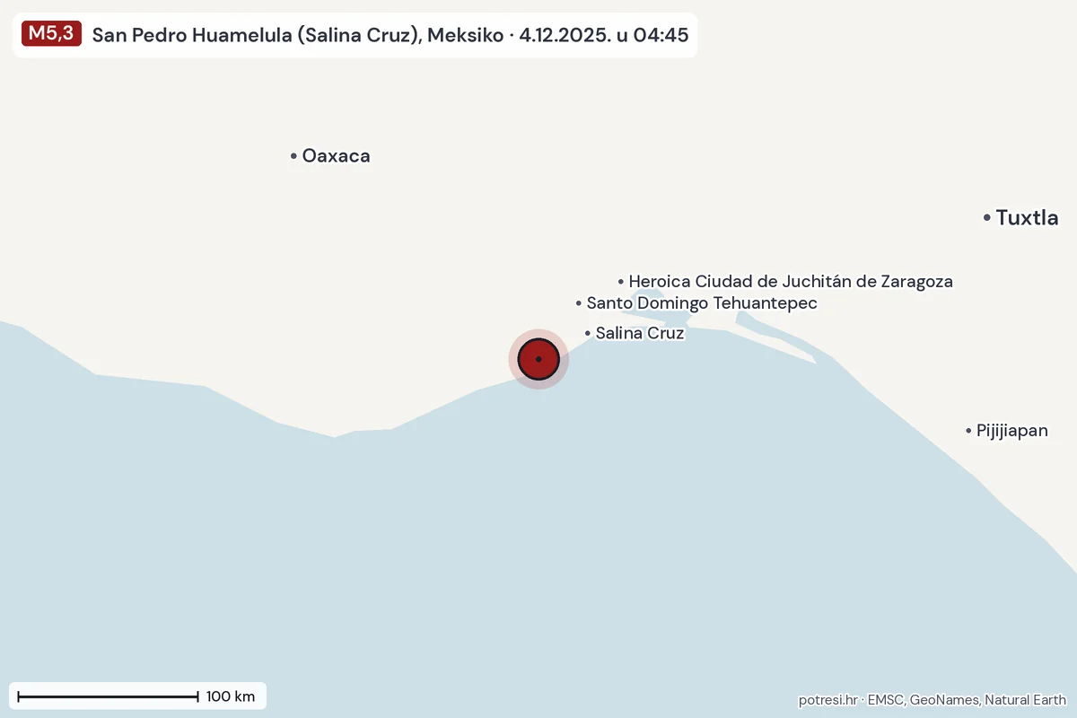 Karta: šire područje, 600 km, potres M5,3, San Pedro Huamelula (Salina Cruz), Meksiko, 4.12.2025.