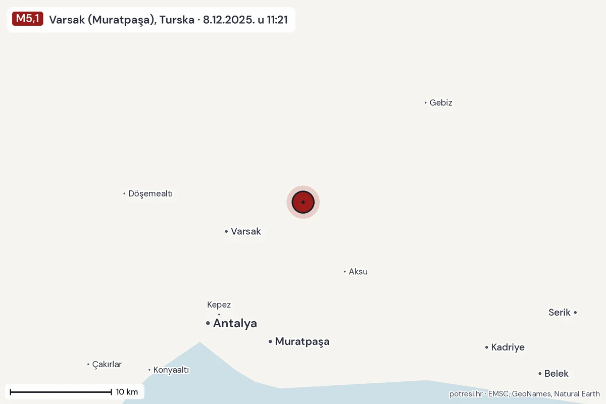 Karta: okolica epicentra, 60 km, potres M5,1, Varsak (Muratpaşa), Turska, 8.12.2025.