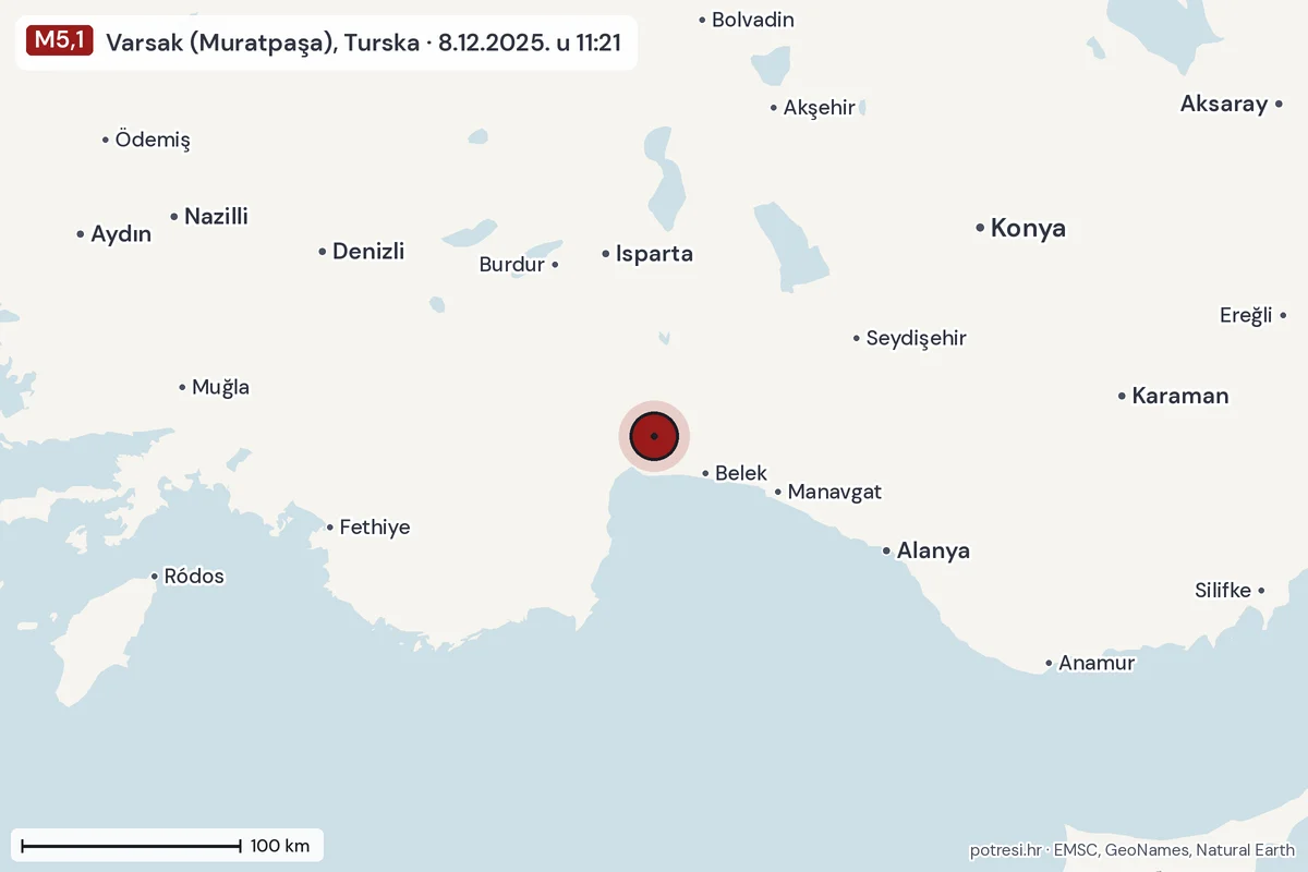 Karta: šire područje, 600 km, potres M5,1, Varsak (Muratpaşa), Turska, 8.12.2025.