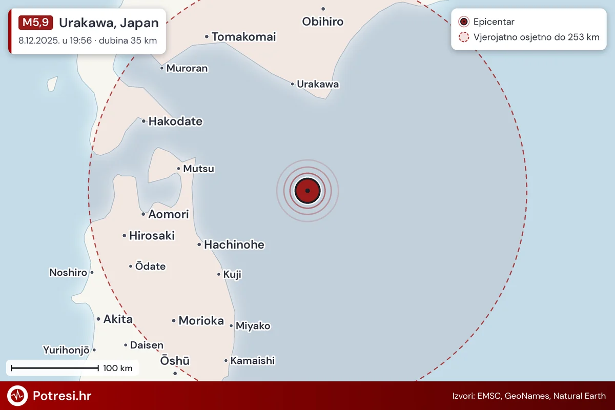 Karta: šire područje i vjerojatni doseg osjeta, potres M5,9, Urakawa, Japan, 8.12.2025.