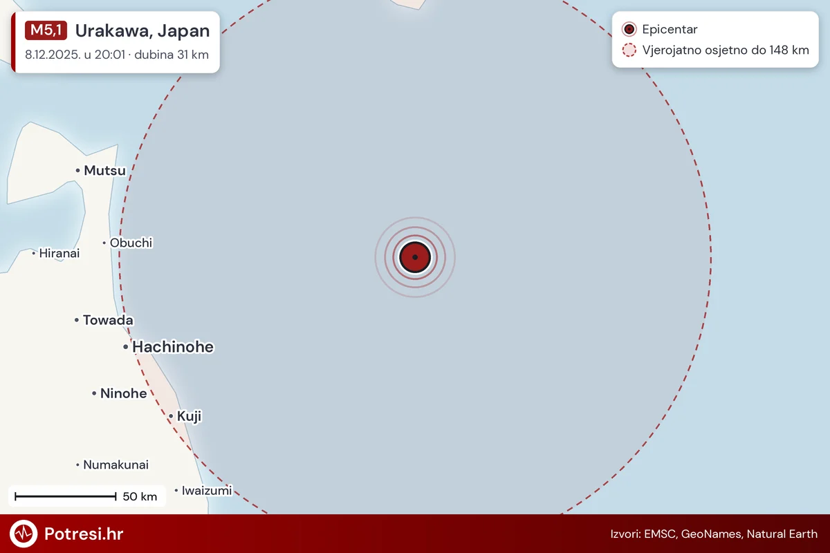 Karta: šire područje i vjerojatni doseg osjeta, potres M5,1, Urakawa, Japan, 8.12.2025.