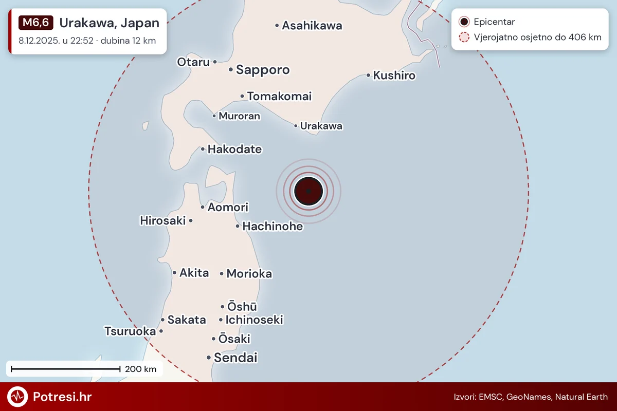 Karta: šire područje i vjerojatni doseg osjeta, potres M6,6, Urakawa, Japan, 8.12.2025.