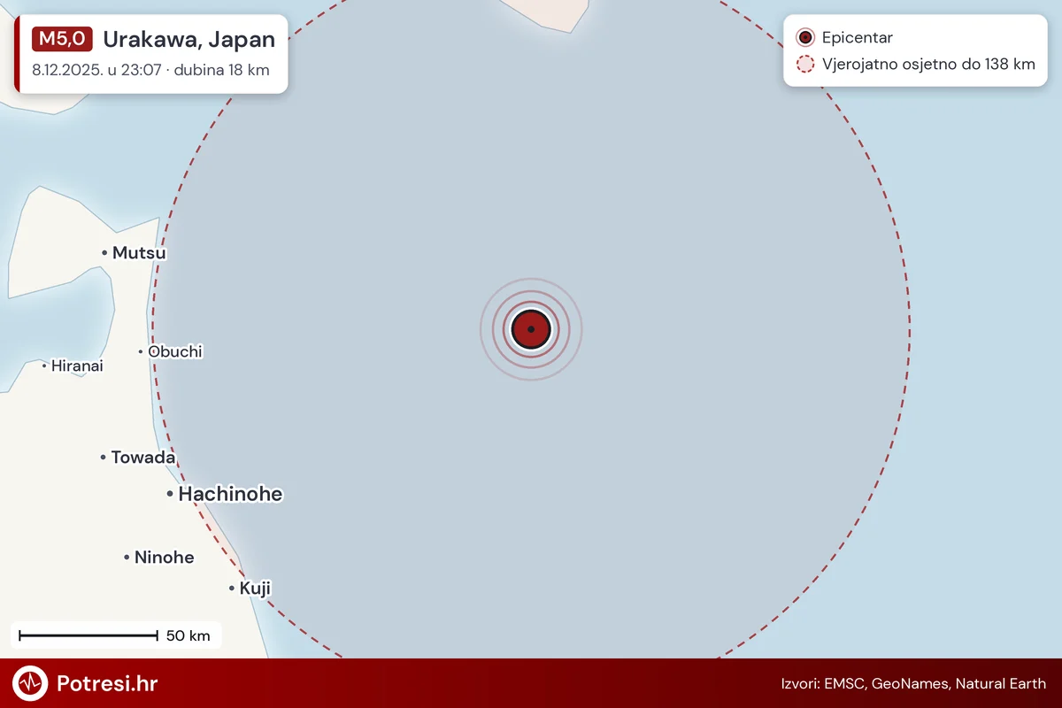 Karta: šire područje i vjerojatni doseg osjeta, potres M5,0, Urakawa, Japan, 8.12.2025.