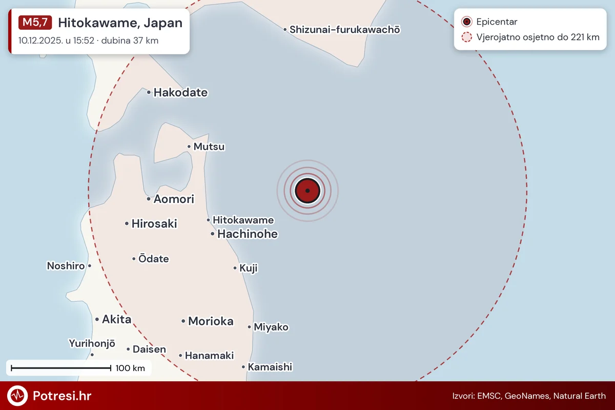 Karta: šire područje i vjerojatni doseg osjeta, potres M5,7, Hitokawame, Japan, 10.12.2025.