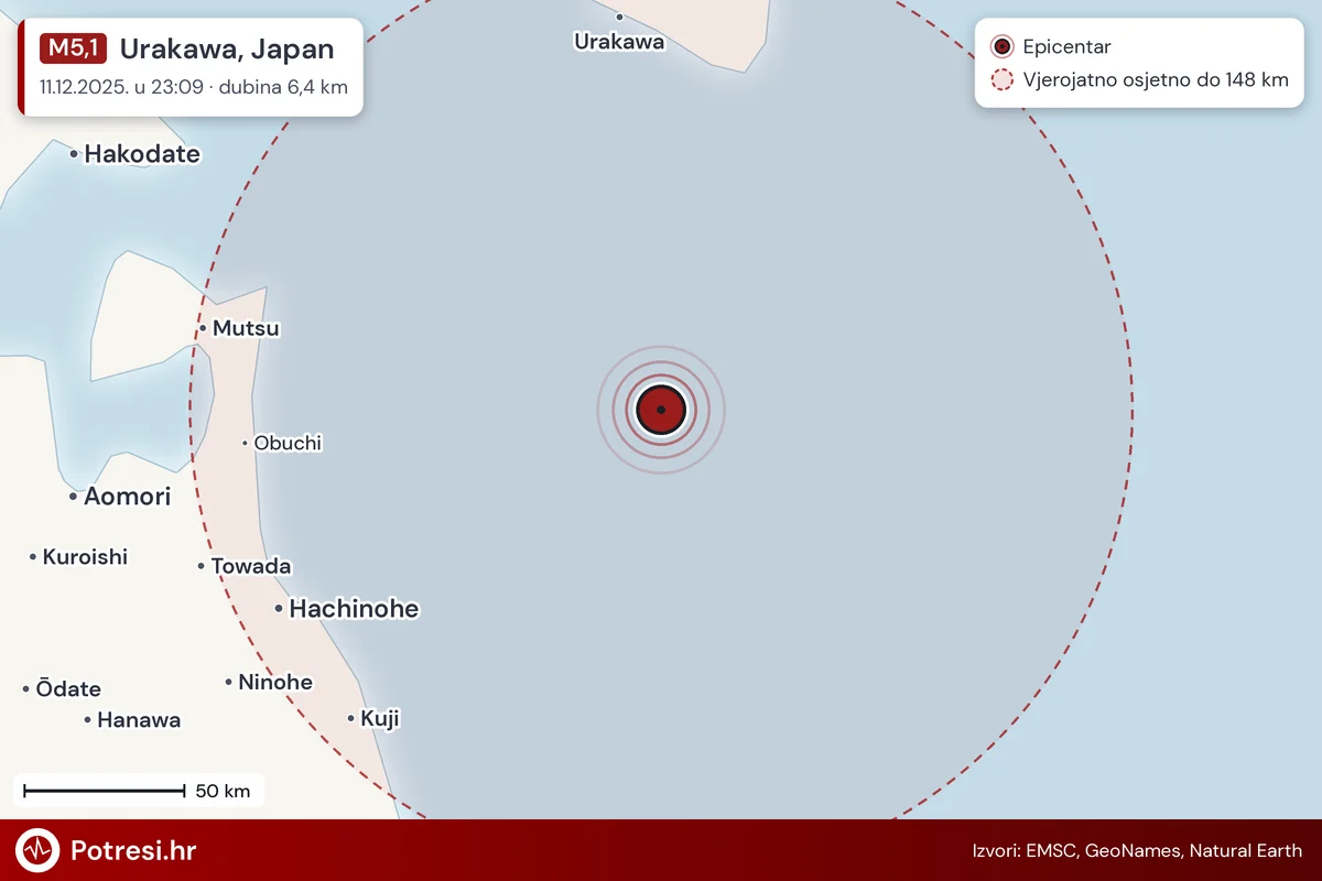 Karta: šire područje i vjerojatni doseg osjeta, potres M5,1, Urakawa, Japan, 11.12.2025.
