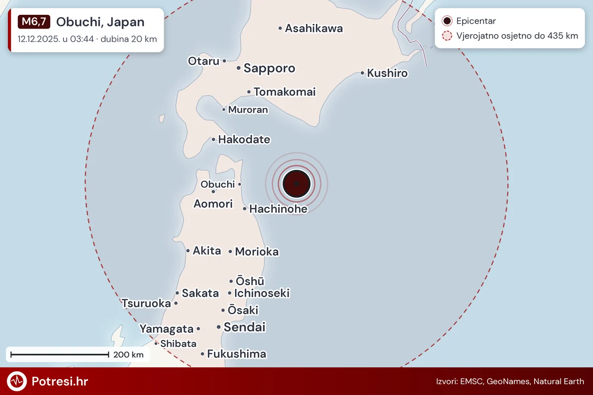 Karta: šire područje i vjerojatni doseg osjeta, potres M6,7, Obuchi, Japan, 12.12.2025.