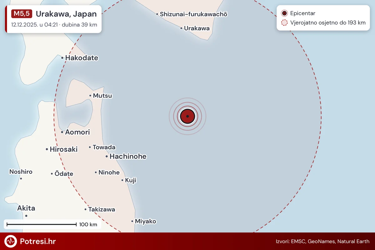 Karta: šire područje i vjerojatni doseg osjeta, potres M5,5, Urakawa, Japan, 12.12.2025.