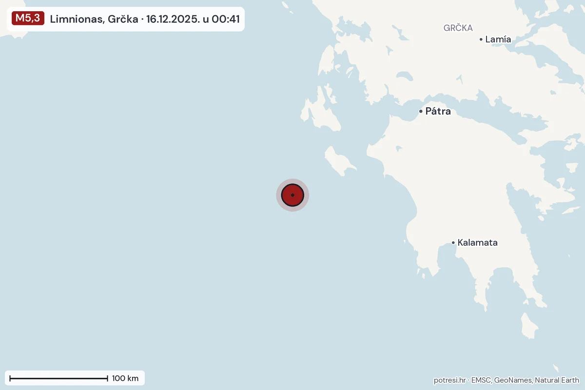 Karta: šire područje, 600 km, potres M5,3, Limnionas, Grčka, 16.12.2025.