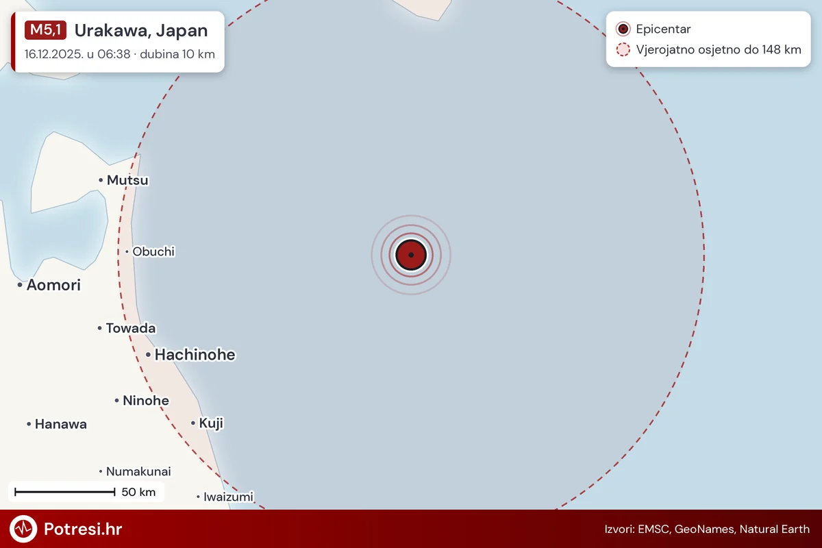 Karta: šire područje i vjerojatni doseg osjeta, potres M5,1, Urakawa, Japan, 16.12.2025.