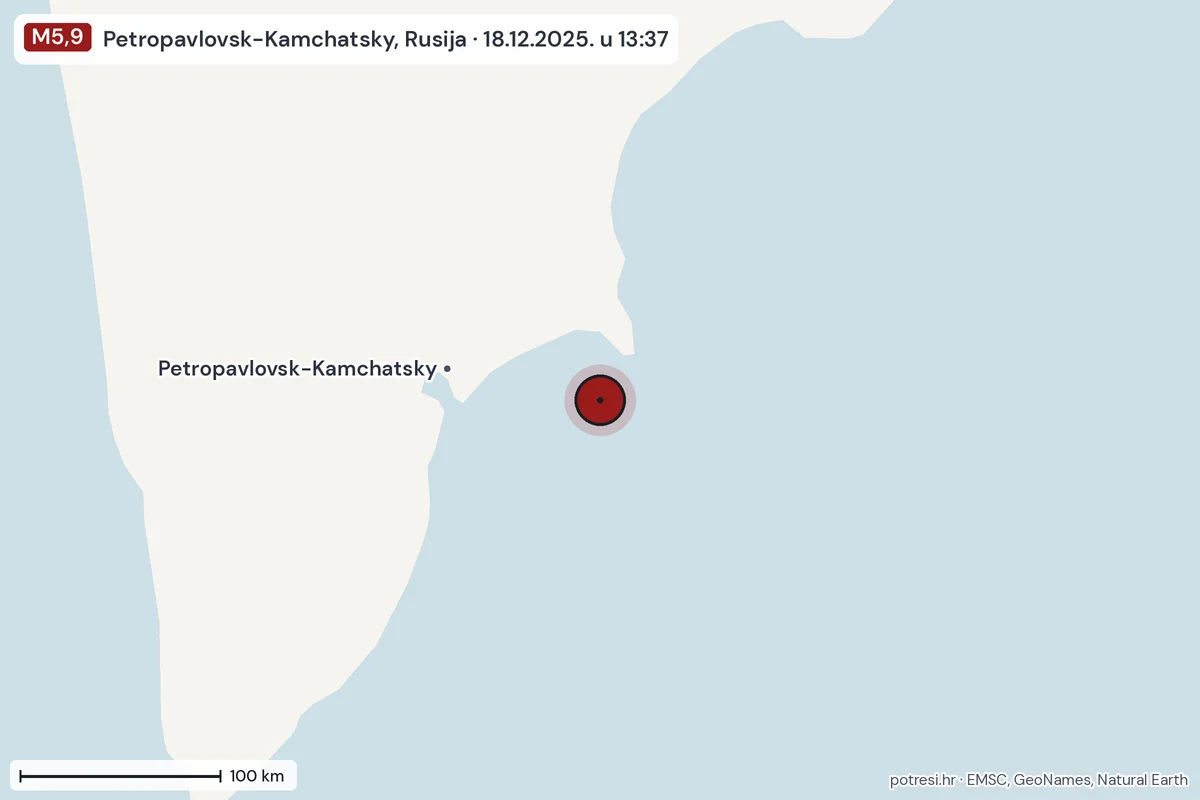 Karta: šire područje, 600 km, potres M5,9, Petropavlovsk-Kamchatsky, Rusija, 18.12.2025.