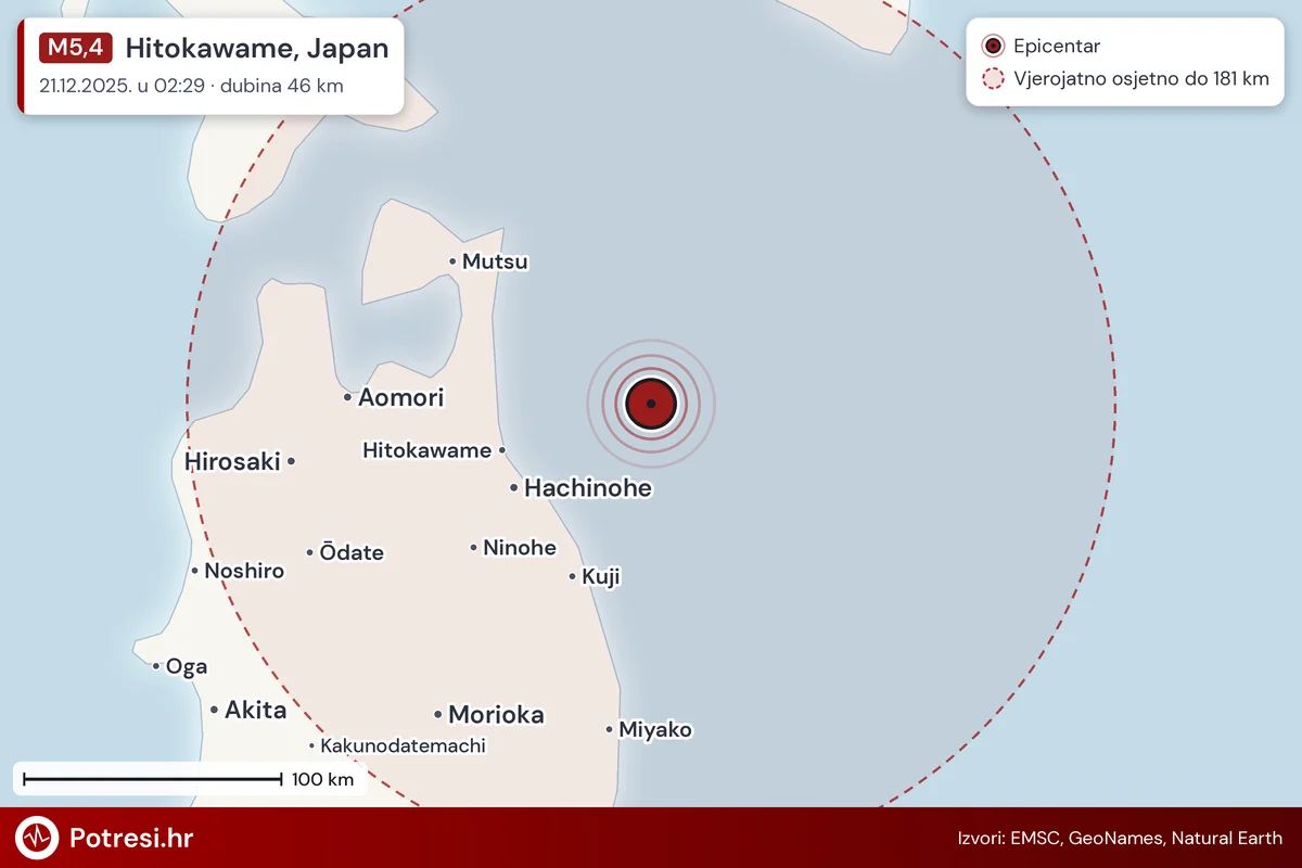 Karta: šire područje i vjerojatni doseg osjeta, potres M5,4, Hitokawame, Japan, 21.12.2025.