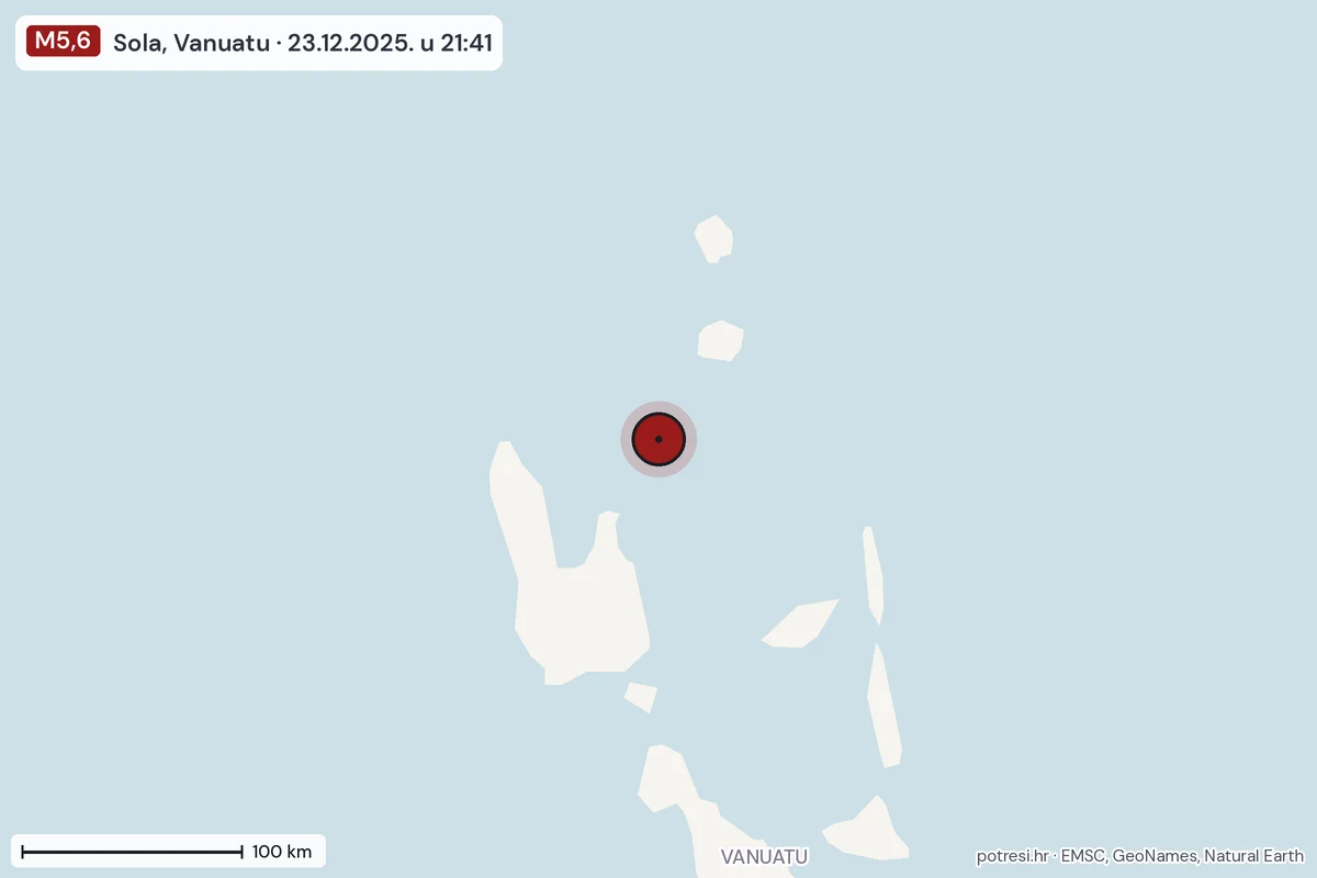 Karta: šire područje, 600 km, potres M5,6, Sola, Vanuatu, 23.12.2025.