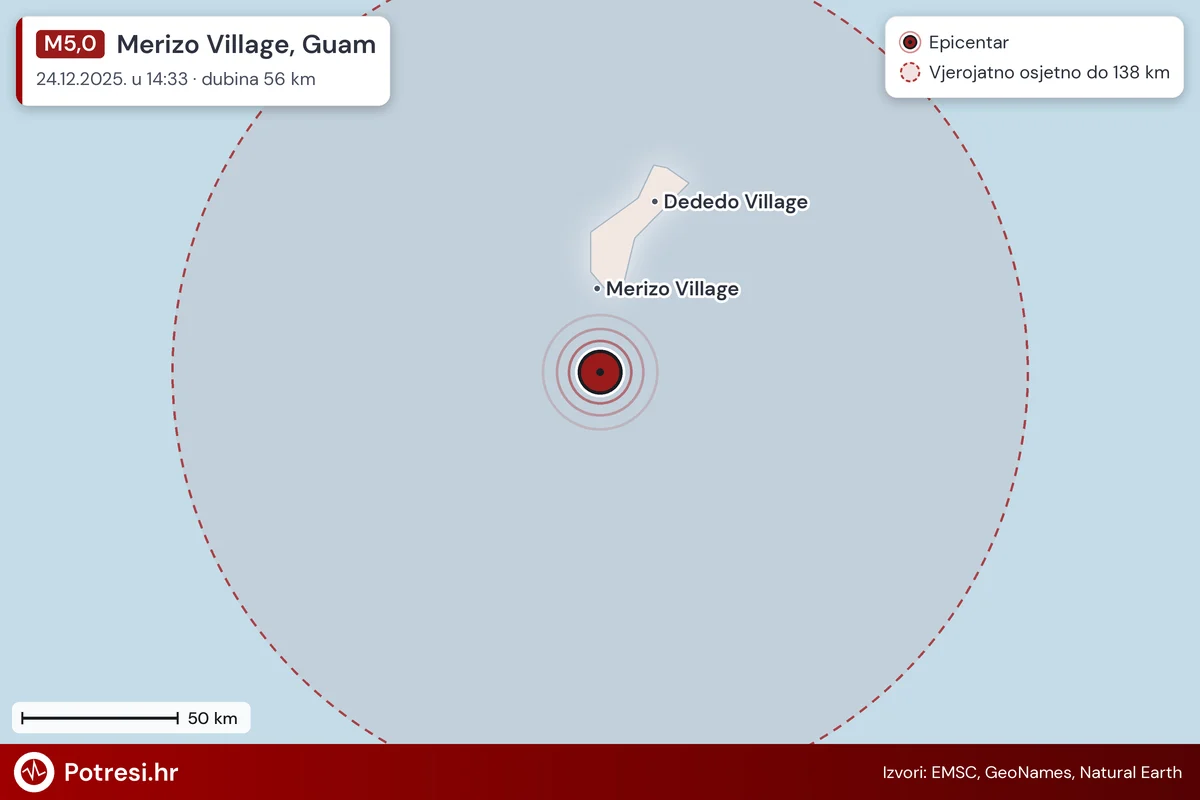 Karta: šire područje i vjerojatni doseg osjeta, potres M5,0, Merizo Village, Guam, 24.12.2025.
