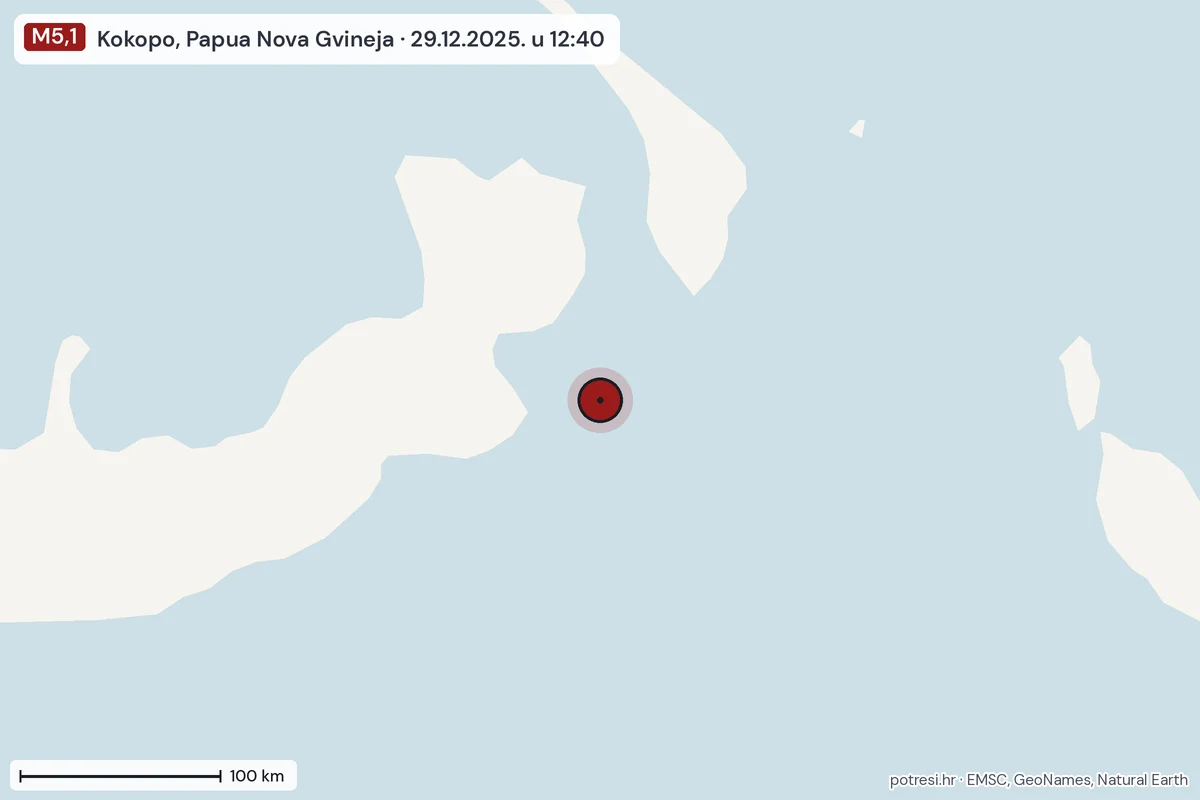 Karta: šire područje, 600 km, potres M5,1, Kokopo, Papua Nova Gvineja, 29.12.2025.