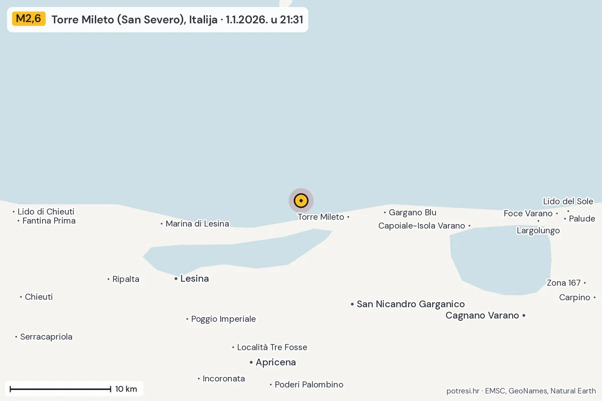 Karta: okolica epicentra, 60 km, potres M2,6, Torre Mileto (San Severo), Italija, 1.1.2026.