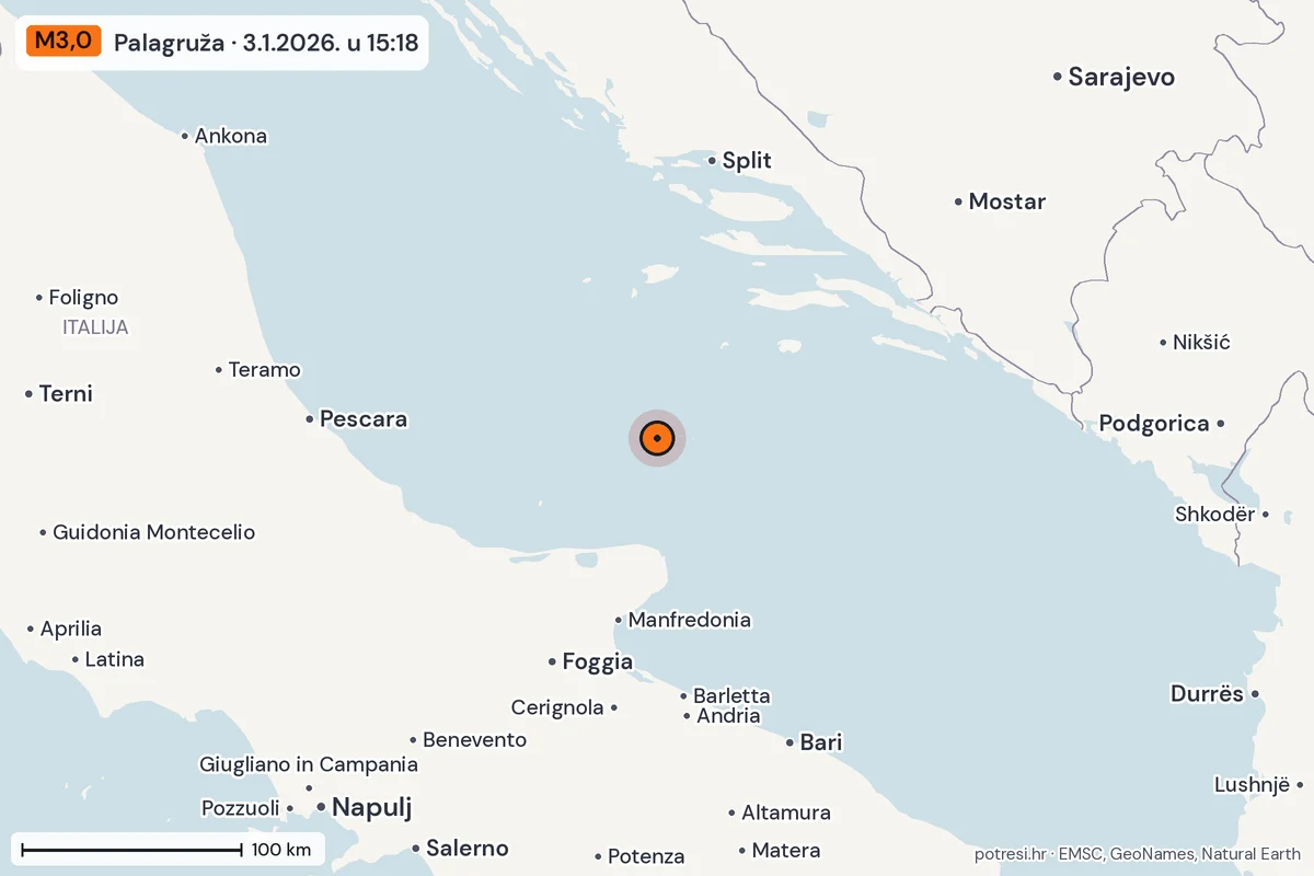Karta: šire područje, 600 km, potres M3,0, Palagruža, 3.1.2026.