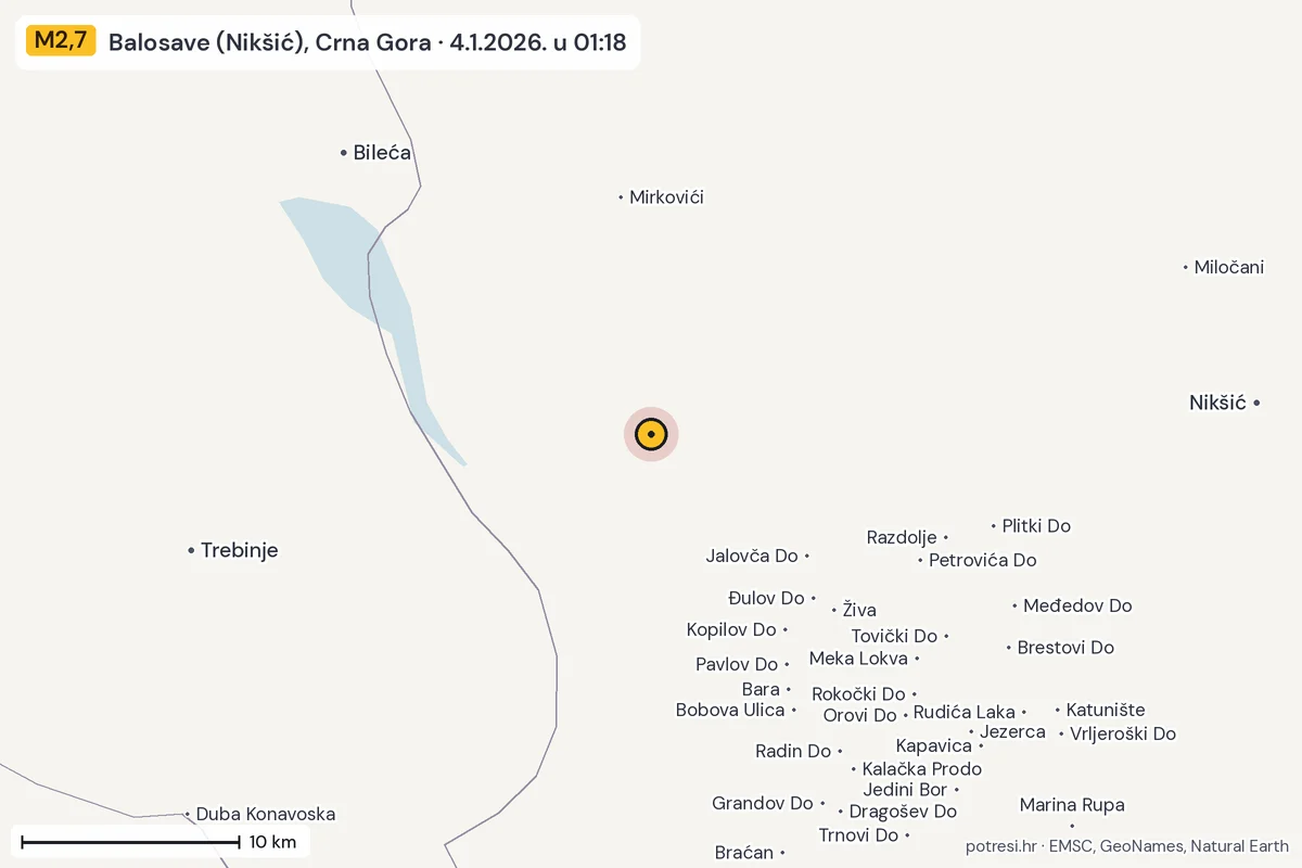 Karta: okolica epicentra, 60 km, potres M2,7, Balosave (Nikšić), Crna Gora, 4.1.2026.
