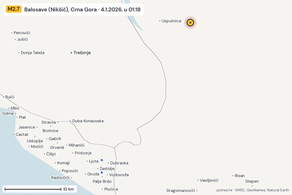 Karta: izvješća građana, potres M2,7, Balosave (Nikšić), Crna Gora, 4.1.2026.